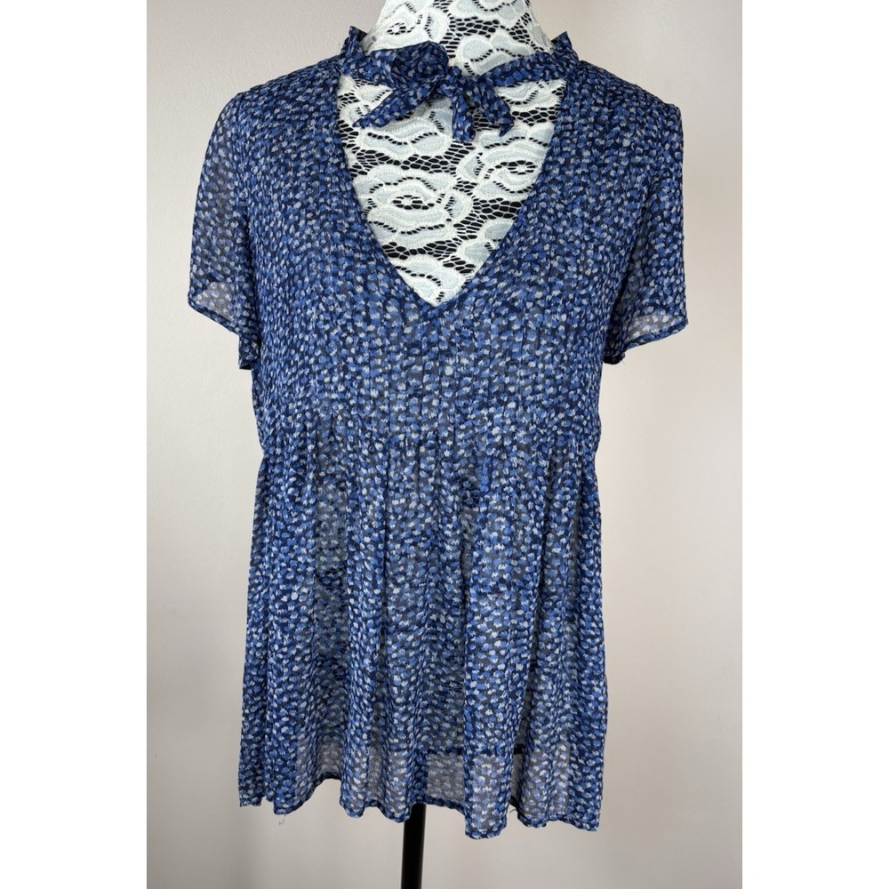 Joie Silk Blouse Top Women S Neck Tie Short Sleeve Lightweight Sheer Tunic Blue